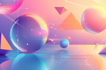 Smooth gradient with floating, digital geometric shapes