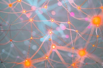 Softly glowing, neon-hued network mesh on a subtle gray canvas