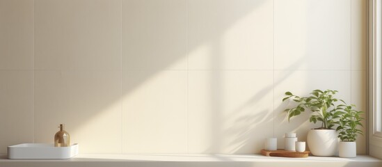 Cream tile wall with white grout design, viewpoint - obrazy, fototapety, plakaty
