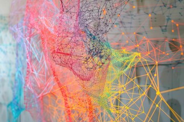 Softly glowing, neon-hued network mesh on a subtle gray canvas