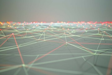 Softly glowing, neon-hued network mesh on a subtle gray canvas