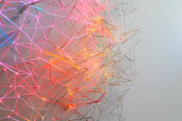 Softly glowing, neon-hued network mesh on a subtle gray canvas