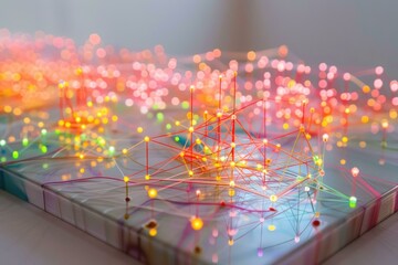 Softly glowing, neon-hued network mesh on a subtle gray canvas