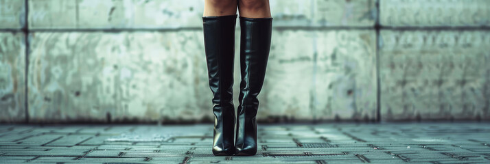 Chic High Heeled Boots, copy space. Female legs in long black sleek thigh-high boots, high fashion footwear.