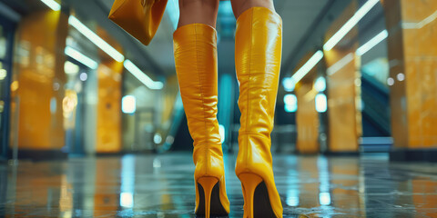 Chic High Heeled Boots, copy space. Female legs in long orange sleek thigh-high boots, high fashion footwear. - obrazy, fototapety, plakaty