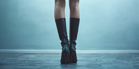 Chic High Heeled Boots, copy space. Female legs in long black sleek thigh-high boots, high fashion footwear. - obrazy, fototapety, plakaty