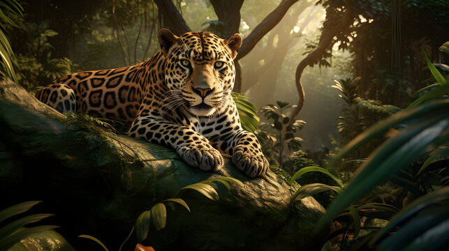 Realistic 3D Rendered Leopard Resting on a Tree Branch in a Vibrant Jungle Scene Full of Life: A Stunning Display of CG Animals