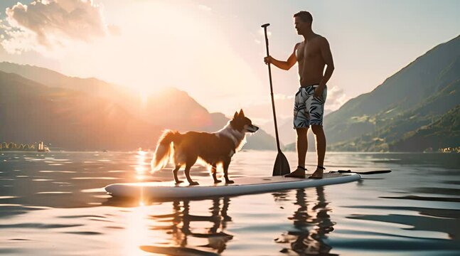 Man with a dog in a canoe on the lake