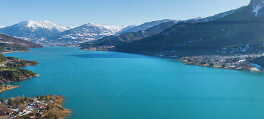 View of Serre-Poncon mountain lake in winter in Hautes Alpes, France - 758066723