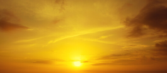 Golden cloudy sky at sunset. Sky texture. Abstract nature background. Horizontal banner - 758066792