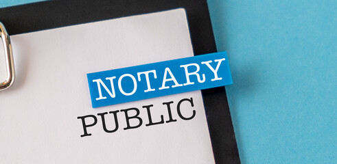 NOTARY PUBLIC text, acronym with calculator and notepad. Notary public text.