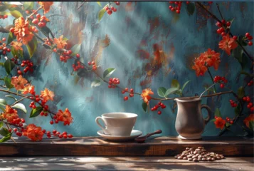 Foto op Plexiglas coffee beans with cup with a spoon on wooden desk, in the style of tranquil gardenscapes, vibrant stage backdrops, lens flare, digitally enhanced, smokey background © نيلو ڤر