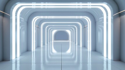 White 3d abstract futuristic background. Empty futuristic tunnel room with light on the wall. Neon studio. Space technology and Science fiction concept. 