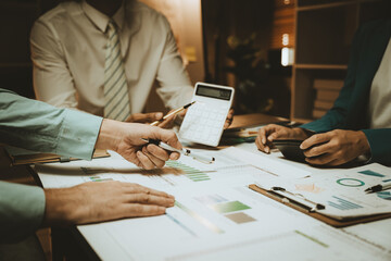 Co working conference, Business team meeting present, investor colleagues discussing new plan financial graph data on office table with laptop and digital tablet, Finance, accounting, investment.