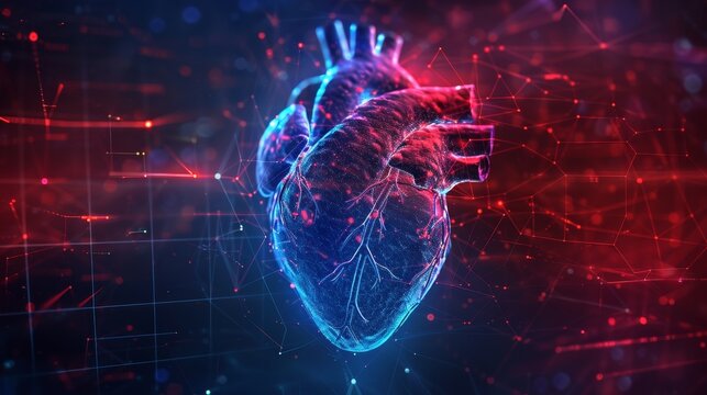 Digital heart beating encapsulated by a neon grid. A heart in a neon blue and red background