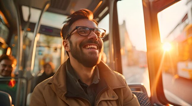 Handsome man with beard and glasses smiles happily on the bus