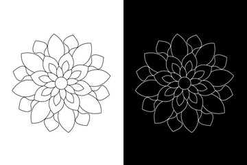 Indian traditional and cultural Rangoli design concept of floral mandala line drawing isolated on black and white background - vector illustration