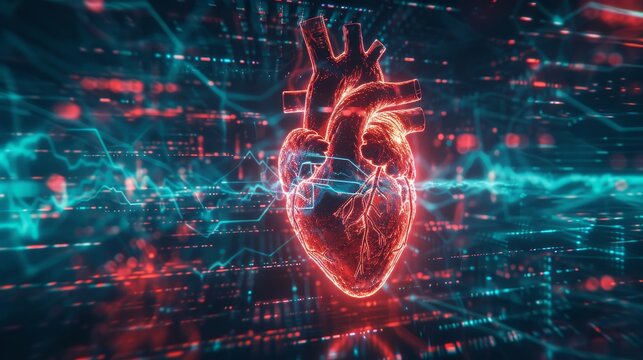 Digital heart beating encapsulated by a neon grid. A heart in a neon blue and red background