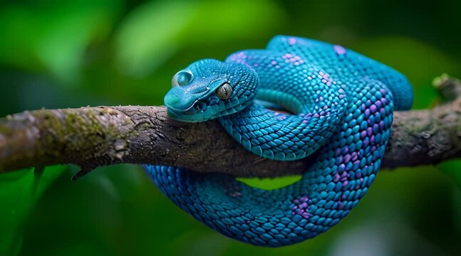 The blue viper snake is on a tree branch looking at the camera