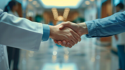 Patient handshake with gastroenterologist, trust and care, signifying agreement or greeting, in a bright office hallway. - obrazy, fototapety, plakaty
