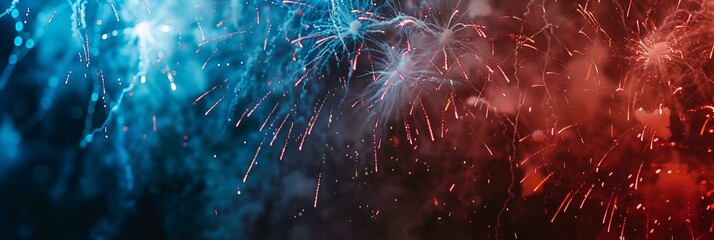 red and blue 4th of july fireworks display, festive background - obrazy, fototapety, plakaty