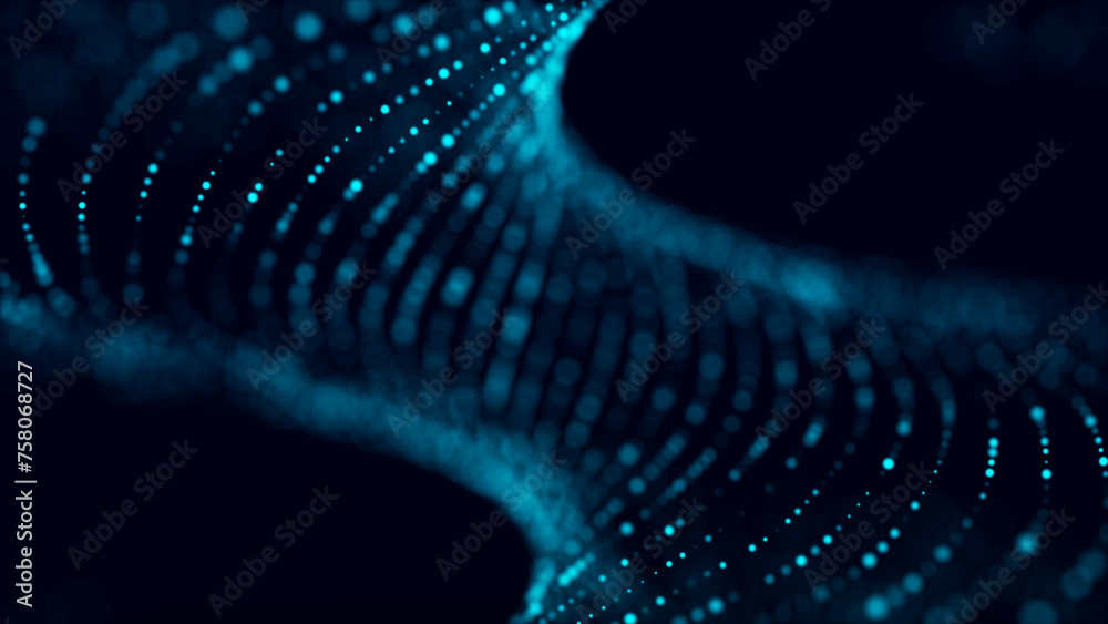 Poster abstract blue background with moving glowing particles. big data. 3d rendering.