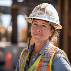 woman working on a construction site, construction hard hat and work vest, smirking, middle aged or older, Generative AI