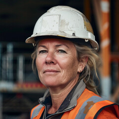 woman working on a construction site, construction hard hat and work vest, smirking, middle aged or older, Generative AI
