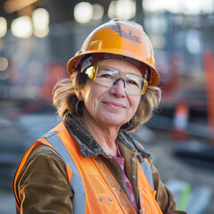 woman working on a construction site, construction hard hat and work vest, smirking, middle aged or older, Generative AI