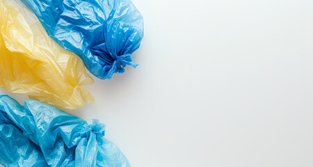 Fototapeta premium Multi-colored full garbage plastic bags on white background with copy space. Concept of environmentally friendly redistribution of waste