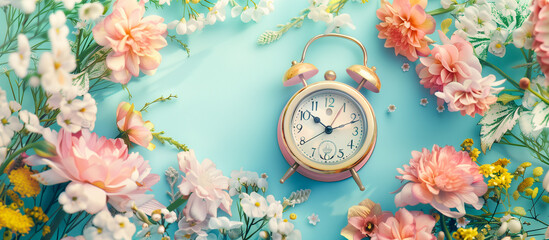illustration spring concept of clock with flowers pastel backgound