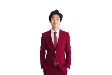Young Asian Man Wearing Red Business Suit And Tie, Professional Japanese Businessman Posing With Confident Smile On A Transparent PNG Background