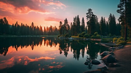 Tranquil mountain landscape with vibrant, colorful sunset sky reflecting in the serene lake
