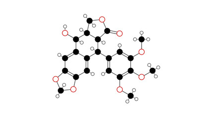 podofilox molecule, structural chemical formula, ball-and-stick model, isolated image podophyllotoxin