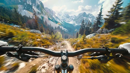Fotobehang VR mountain biking on extreme trails, adrenaline-fueled virtual experience © Seksan