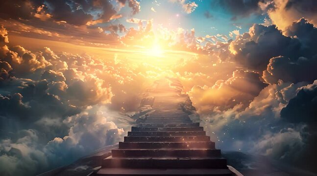 Stairway to Heaven.Stairs in sky. Concept with sun and white clouds.Concept Religion background