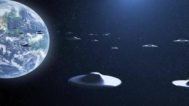Armada fleet of Flying saucer UFO's heading planet earth, outer space view
Alien invasion sci-fi concept,4K, 2024
