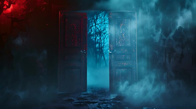 Open doors. Abstract light. Night view, magic fantasy, smoke, smog, neon. Dark forest. Abstract dark background. Old wooden doors. 3D illustration.