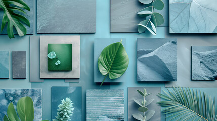 Serenity in Nature and Textures - A Calming Array of Leaves, Stones, and Abstract Blue Tones