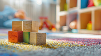 Naklejka na ściany i meble Small wooden toy blocks lie on the floor in the children's room. Copy space