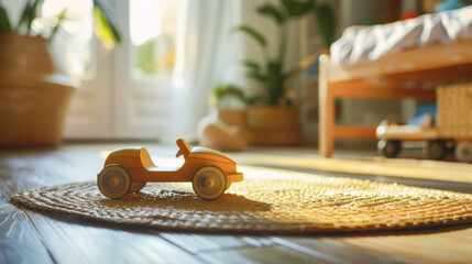 A small wooden toy car lies on the floor in the children's room. Copy space