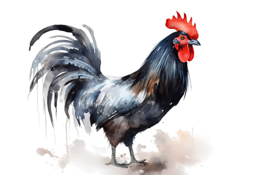 background watercolor rooster isolated white Black