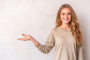 Welcoming Young Woman Presenting with Hand Gesture Against Textured Backdrop for Advertisements