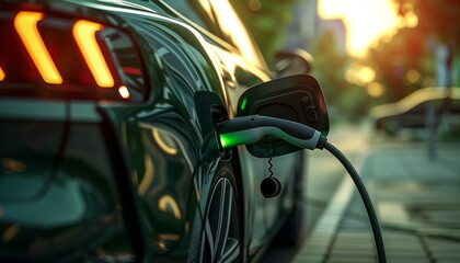 Electric vehicle charger in the city, environmental awareness, electric car, dark green, intense close-up. Green technology or renewable energy concept. 