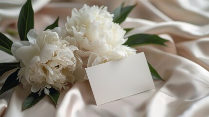 Elegant White Peonies with Blank Card on Satin Fabric