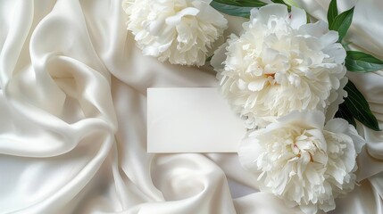 Elegant White Peonies with Blank Card on Satin Fabric