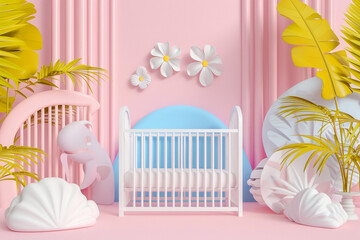 baby bed with flowers and botanical elements, 3d rendering illustration on the light pink background - obrazy, fototapety, plakaty