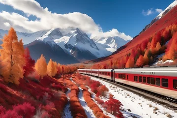 Poster Train traveling in the autumn mountains. Railway through the autumn forest. © ASGraphics