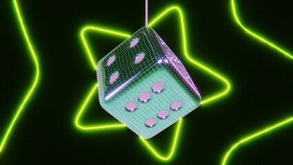 Abstract 3d metallic reflective disco ball dice cube neon star retro groovy funky club event backdrop computer graphics rendered 4K illustration festive background wallpaper