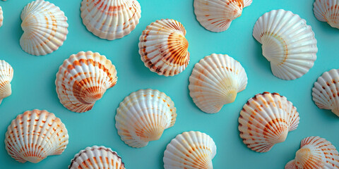 Turquoise background with various seashells, top view of beautiful marine decorations and natural treasures